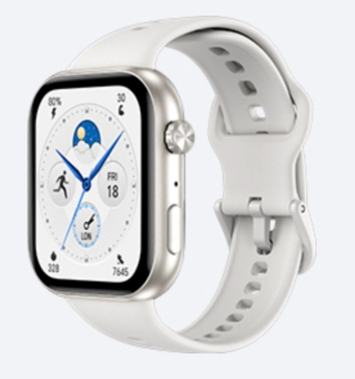 Un reloj inteligente blanco con marco plateado y correa blanca. La esfera muestra la hora, la fecha y métricas de salud. El fondo es blanco.