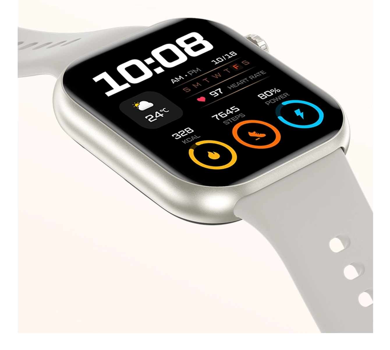 Un reloj inteligente muestra 10:08, 24°C, 97 de frecuencia cardíaca, 80% de energía, 7645 pasos y 328 KCAL. Caja plateada y correa gris.