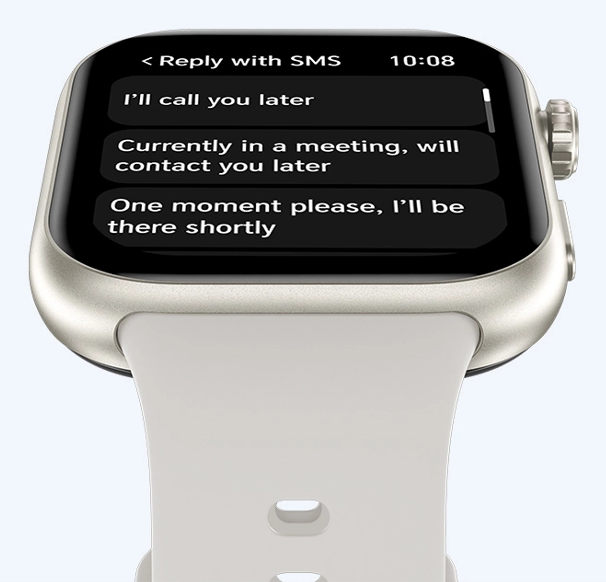 Un reloj inteligente muestra opciones de respuesta SMS: 'Te llamaré más tarde', 'Actualmente en una reunión...' y 'Un momento, por favor...'