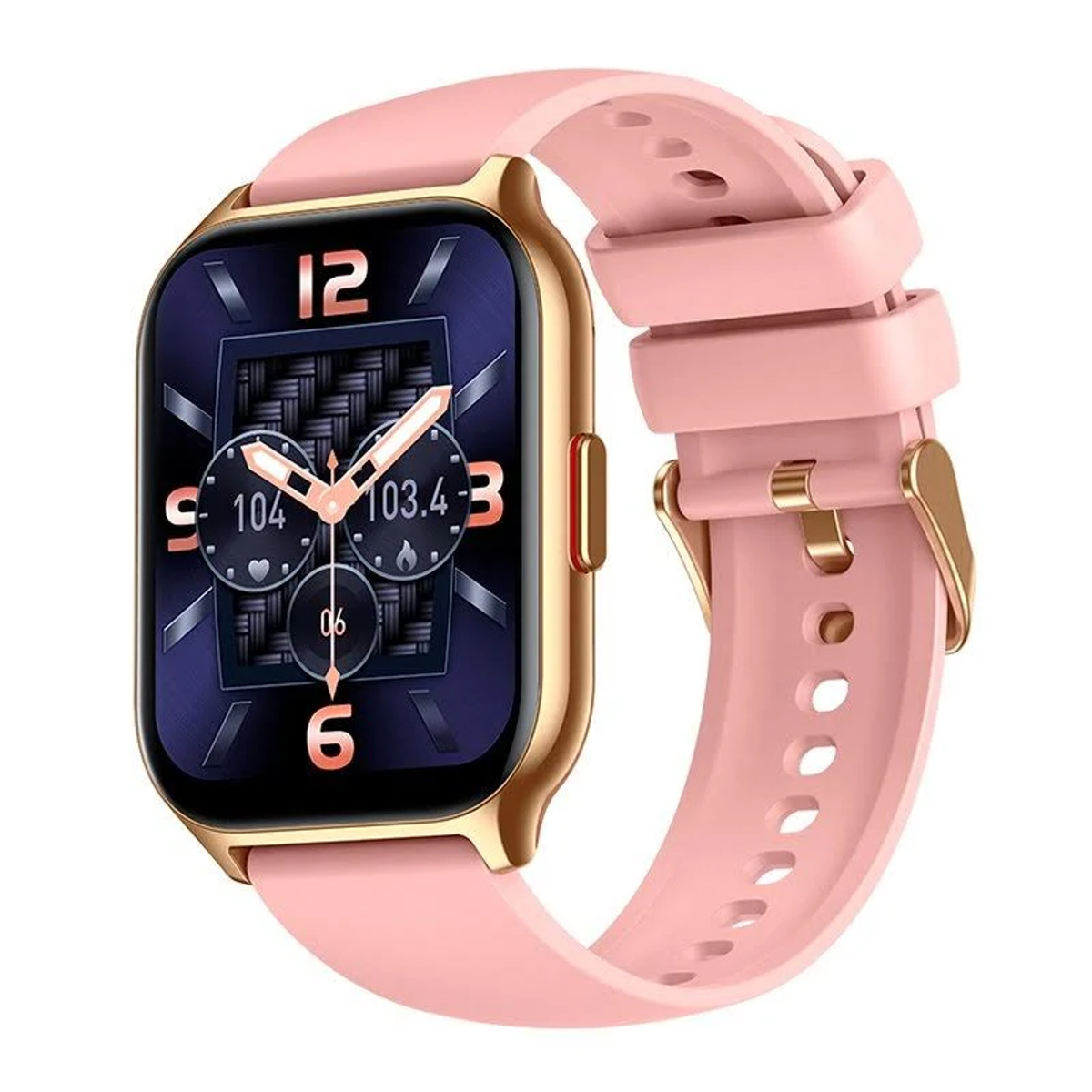 Uno smartwatch rosa con cassa dorata e cinturino rosa. Il quadrante mostra numeri e quadranti su sfondo nero.