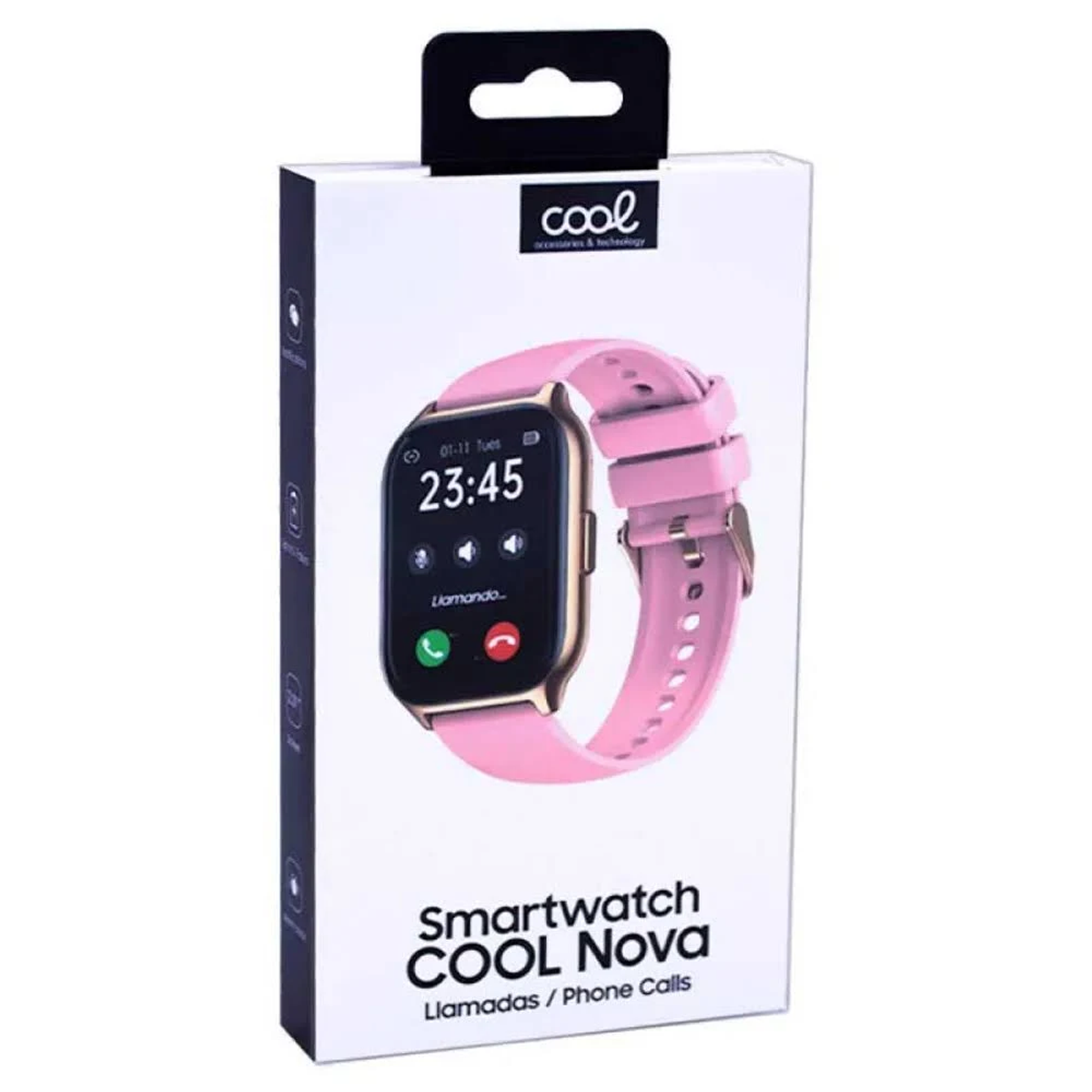 Smartwatch rosa su una scatola. L'orologio mostra le 23:45, con un'interfaccia di chiamata. La scatola dice 'COOL Nova Smartwatch'.