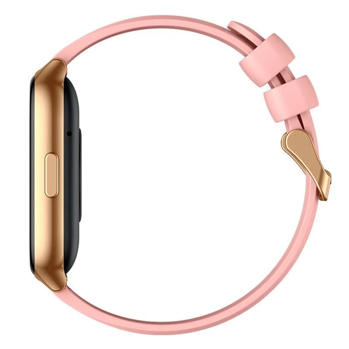 Vista laterale di uno smartwatch. Ha una cassa dorata, schermo nero e cinturino rosa con chiusura dorata.