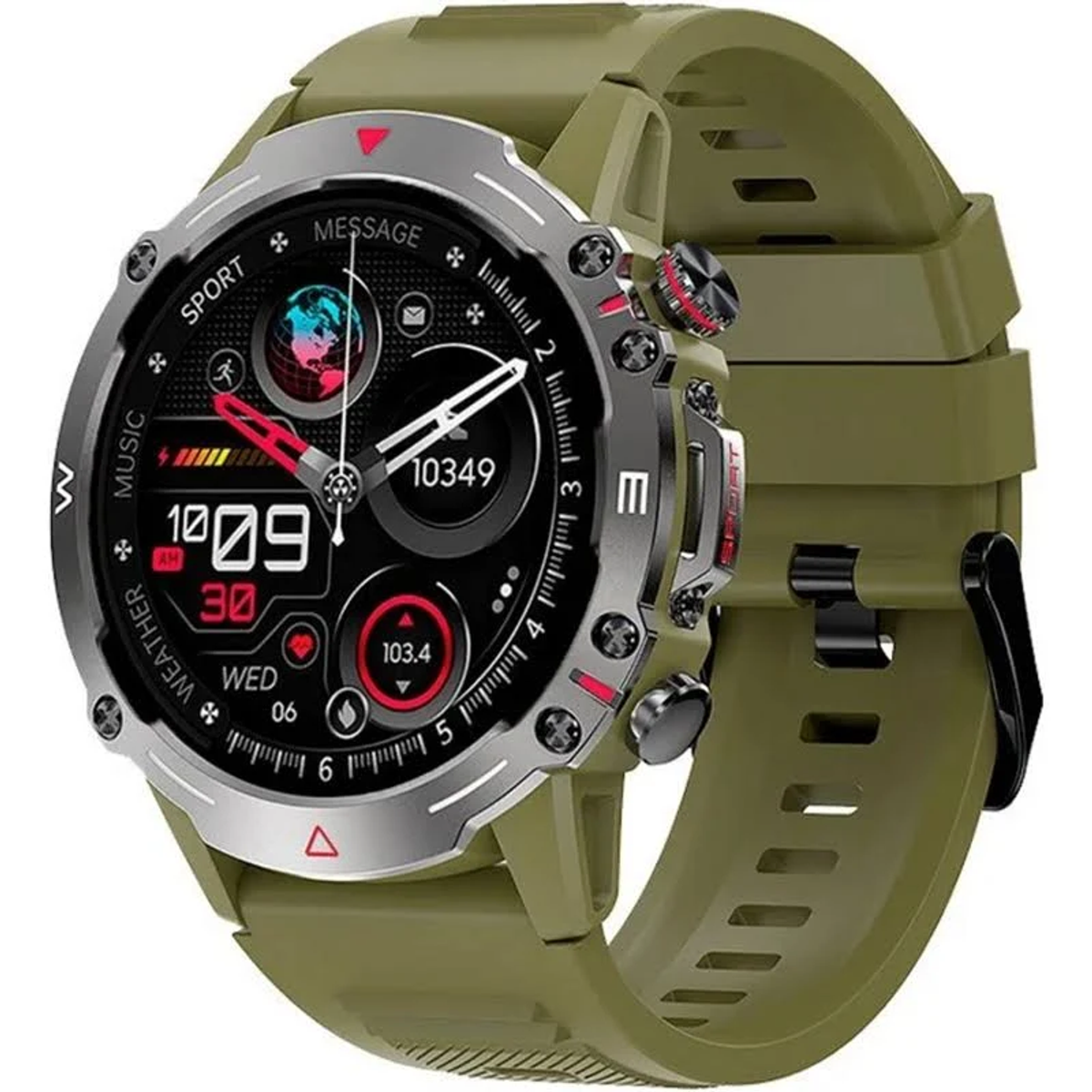 Un reloj inteligente con correa verde. La esfera muestra la hora, la frecuencia cardíaca y varios iconos de aplicaciones. El bisel es plateado.