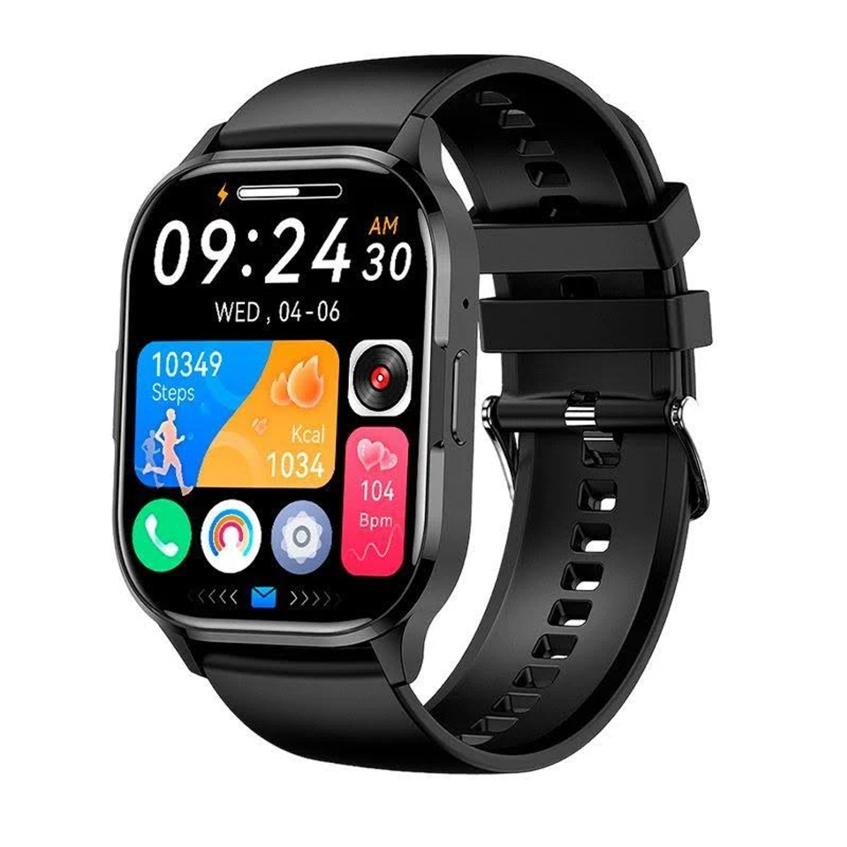 Uno smartwatch nero visualizza ora, data, passi, calorie e frequenza cardiaca. Ha un cinturino nero. Lo schermo mostra varie icone.