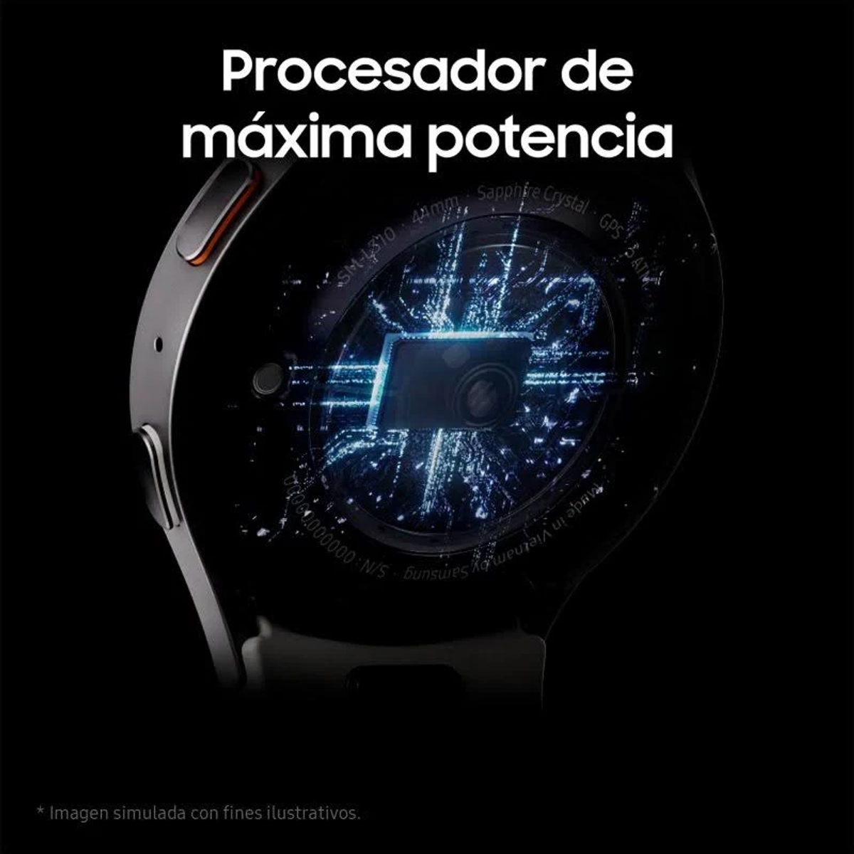 Primo piano di uno smartwatch con un componente interno luminoso. Il testo in alto dice 'Procesador de máxima potencia'.