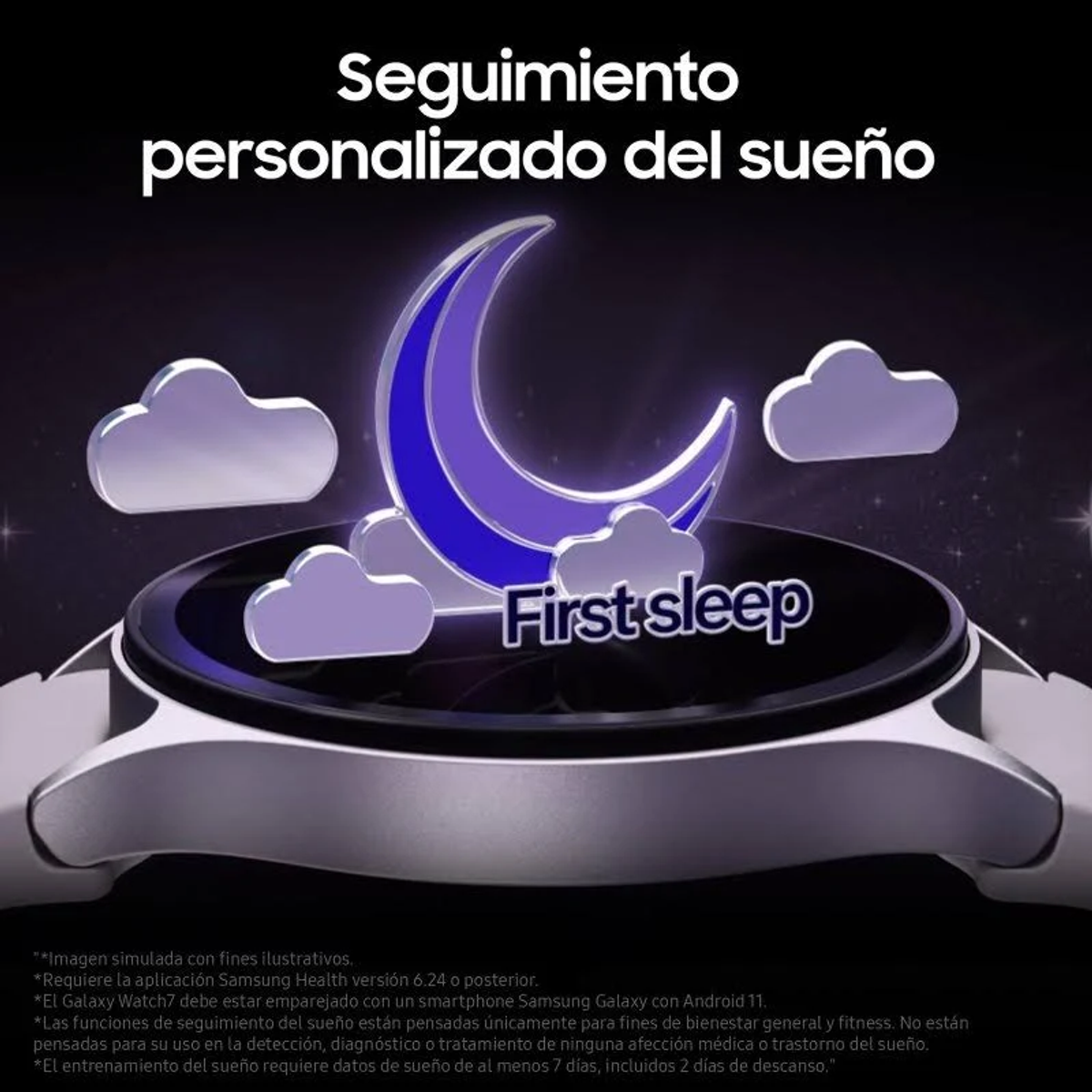 Uno smartwatch mostra una luna crescente e nuvole, con la scritta 'First sleep'. Lo sfondo è scuro con le parole 'Seguimiento personalizado del sueño'.
