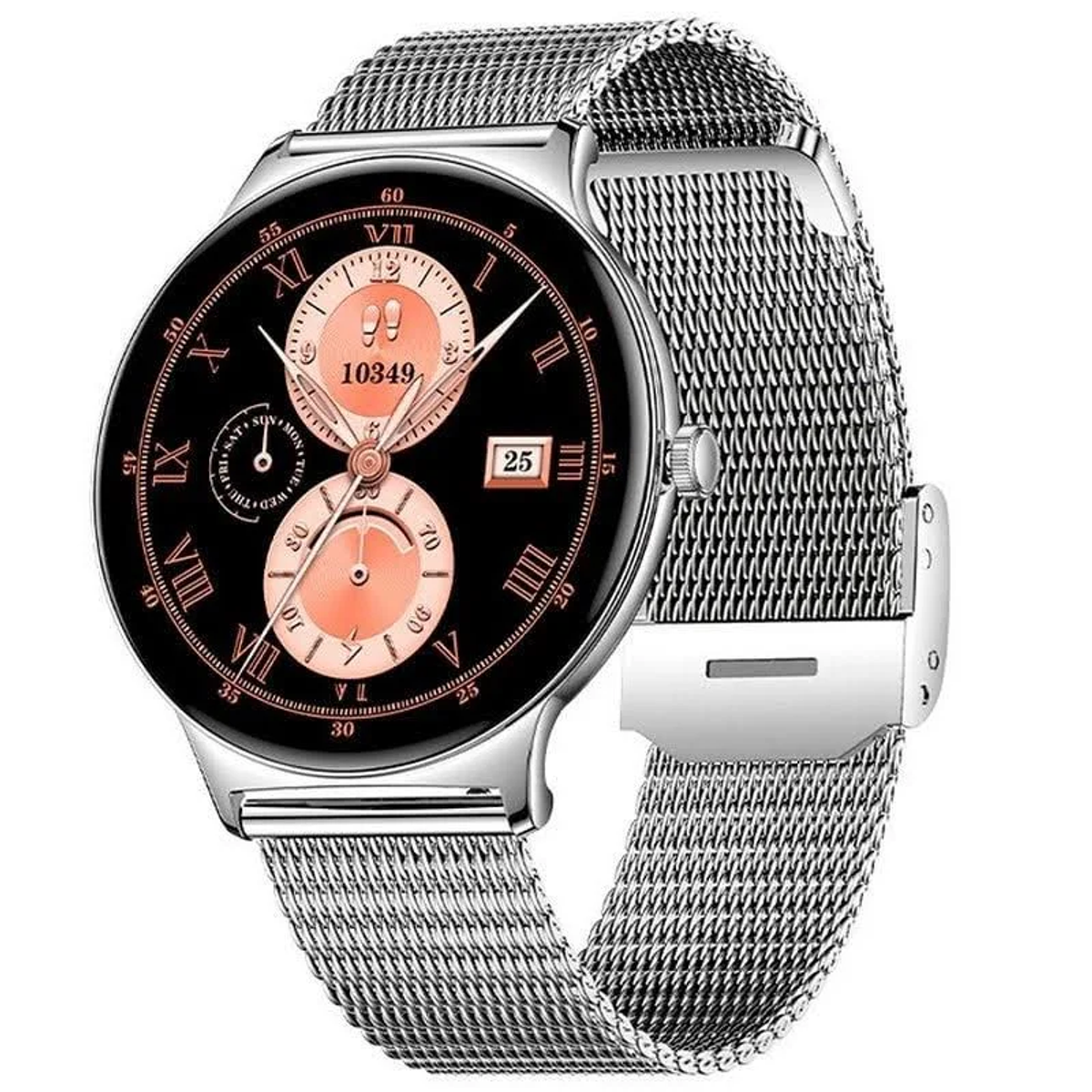 Uno smartwatch argentato con quadrante nero e dettagli oro rosa. Ha un cinturino a maglia e visualizza l'ora, la data e altri dati.