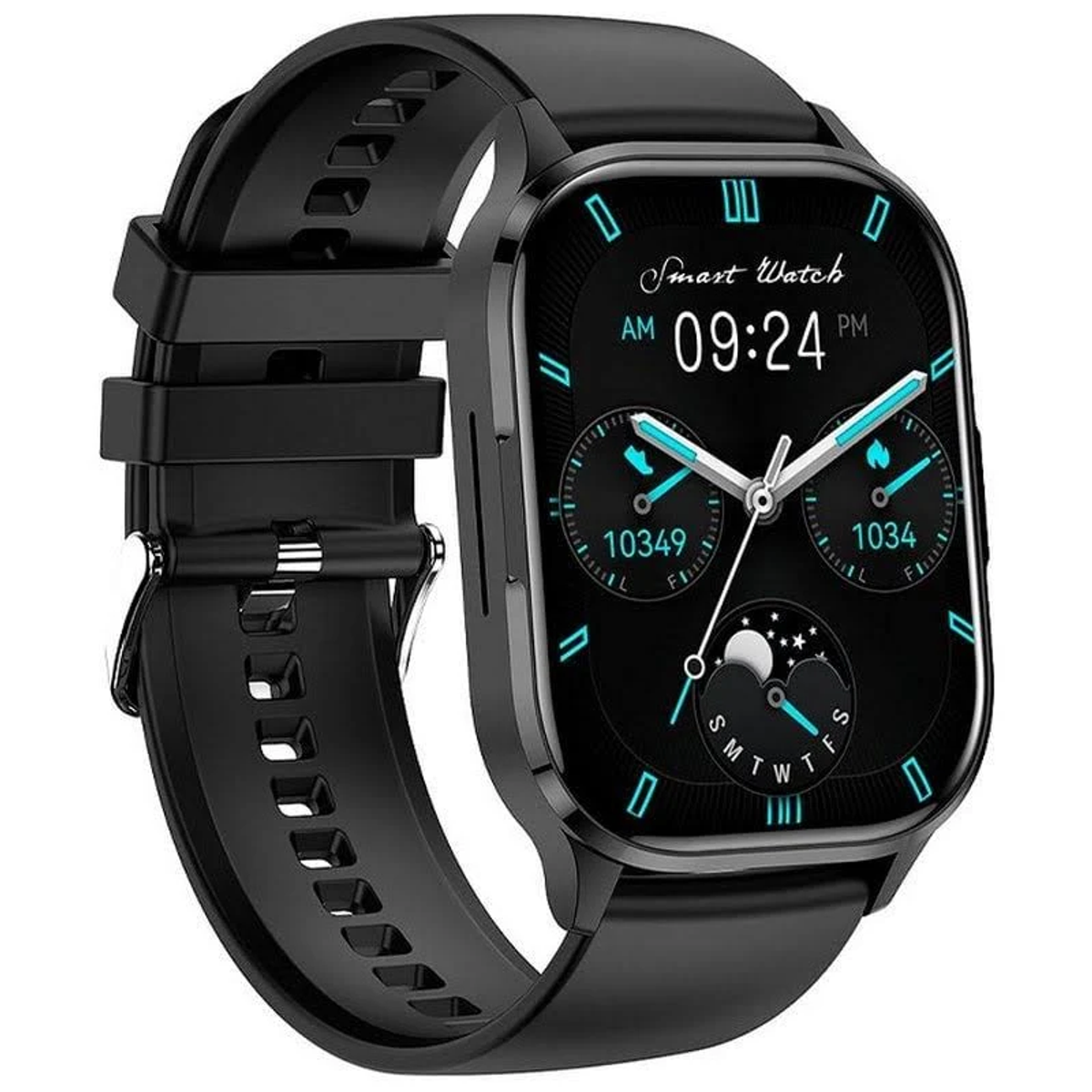 Uno smartwatch nero con display digitale che mostra ora, data e metriche di fitness.