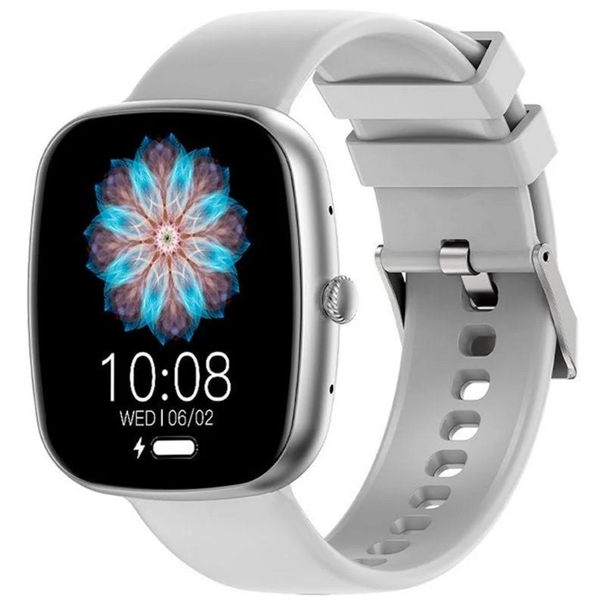 Uno smartwatch grigio mostra le 10:08 sul suo schermo. L'orologio ha una cornice argentata e un cinturino grigio.