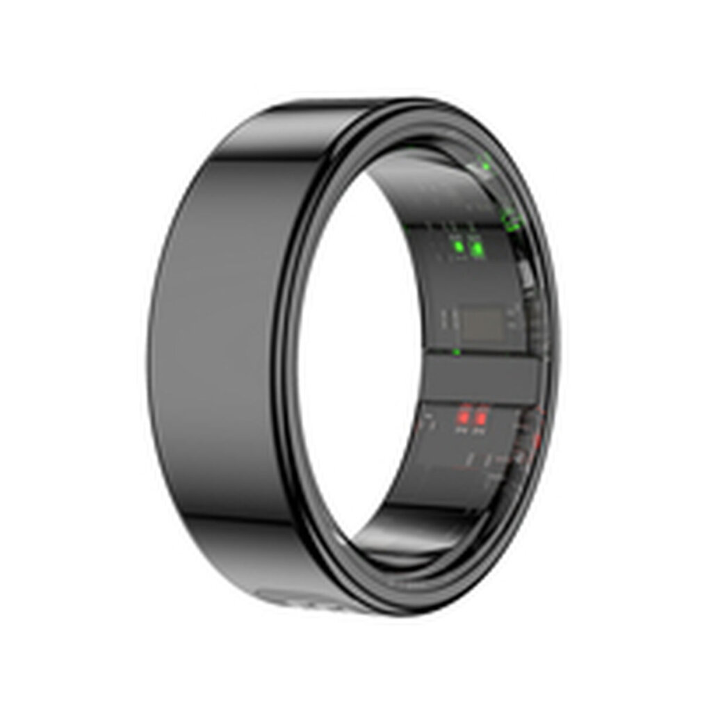 Primer plano de un anillo inteligente negro con luces integradas y un diseño elegante, aislado sobre fondo blanco.