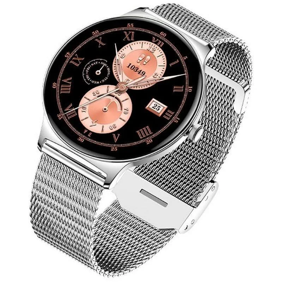 Uno smartwatch argentato con quadrante nero e dettagli oro rosa. L'orologio mostra data, ora e altri dati, con cinturino a maglia.