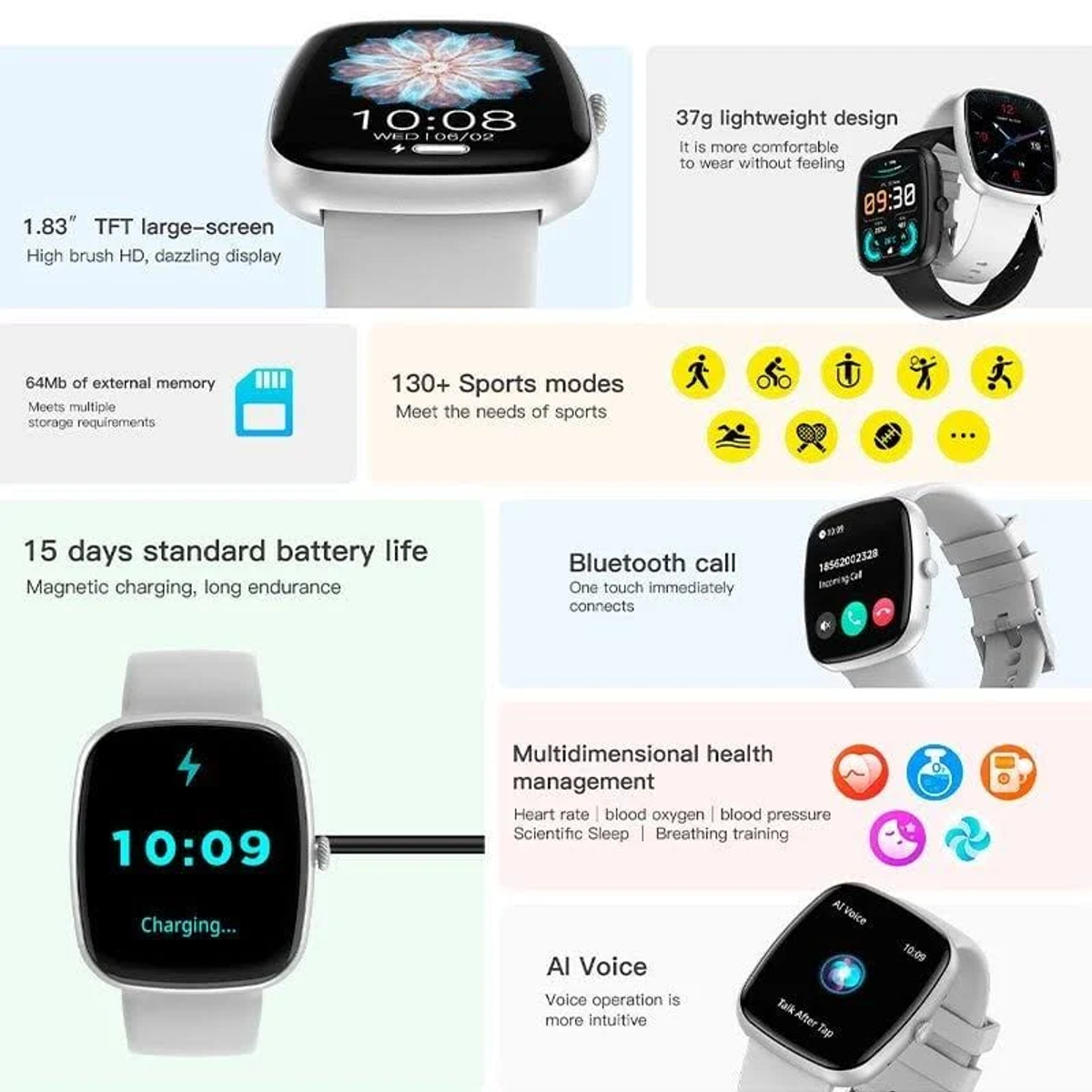 Smartwatch con display che mostra l'ora. Funzionalità: monitoraggio della salute, chiamate Bluetooth, modalità sportive e voce AI.