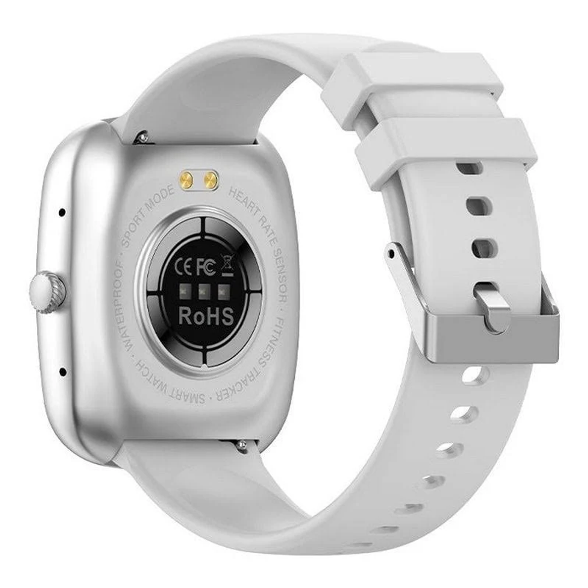 Uno smartwatch bianco con fibbia argentata e sensore nero sul retro. Ha cinturino bianco e un bottone rotondo.
