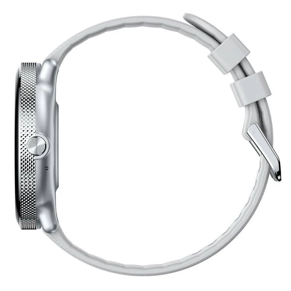 Vista laterale di uno smartwatch argentato con cinturino bianco. Il quadrante è nero e il cinturino ha una fibbia argentata.