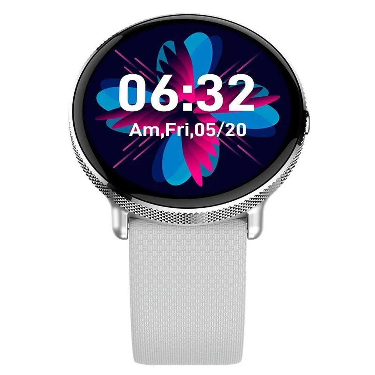Uno smartwatch rotondo mostra 06:32, Am, Ven, 05/20. Ha una cornice argentata e cinturino bianco. Lo schermo ha un design floreale.