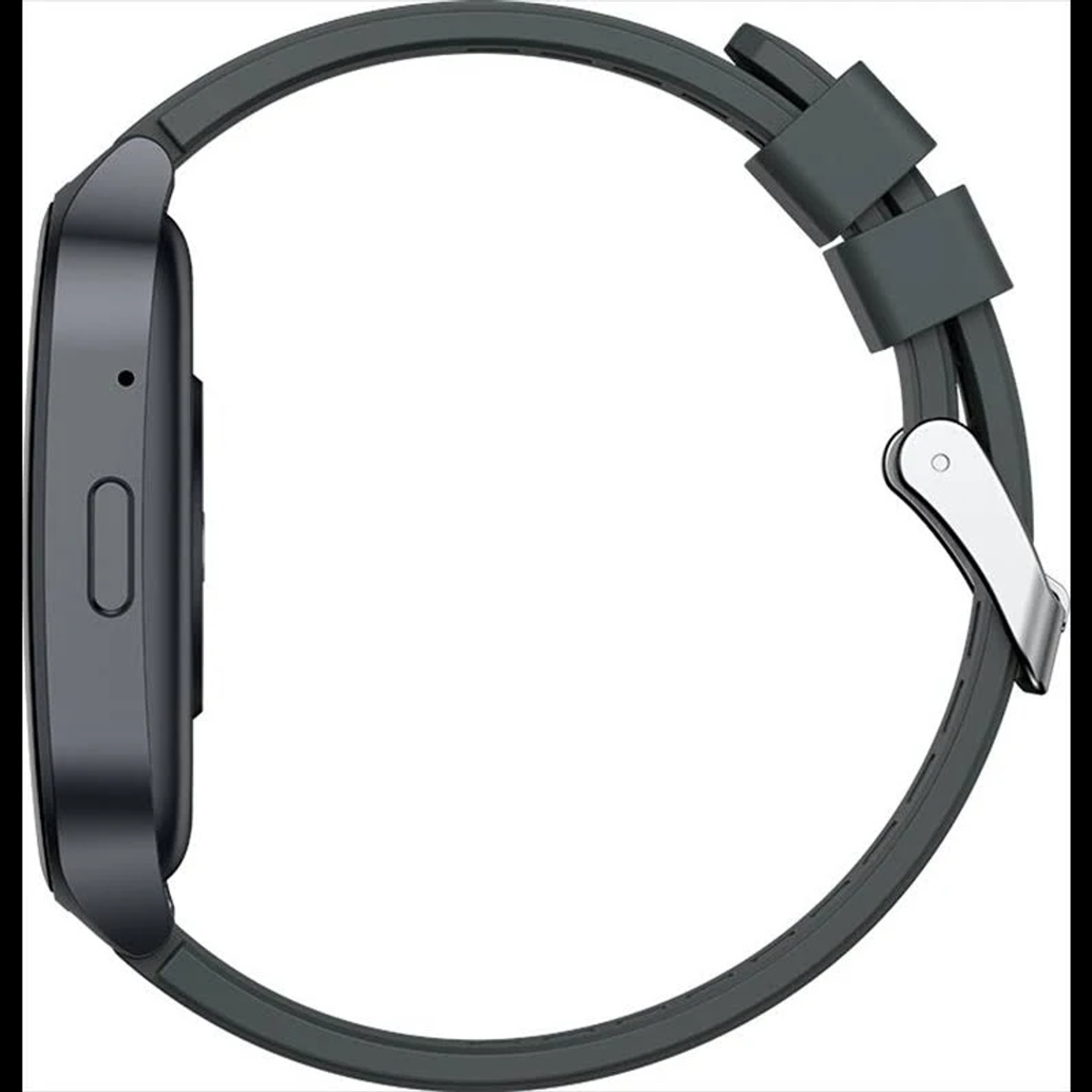 Vista laterale di uno smartwatch grigio scuro con cinturino abbinato. Chiusura argentata e dettaglio pulsante.