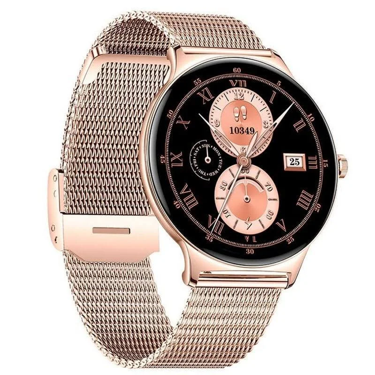 Uno smartwatch oro rosa con cinturino a rete. Il quadrante nero mostra l'ora e la data.