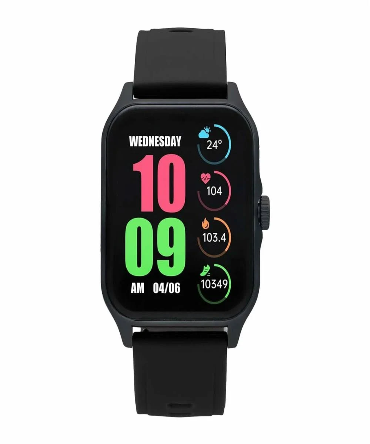 Smartwatch nero che mostra ora, data e metriche sanitarie. Mostra temperatura, frequenza cardiaca e passi su sfondo bianco.