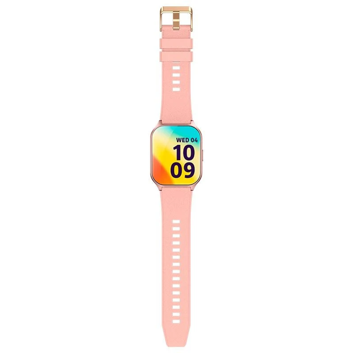 Uno smartwatch rosa con fibbia dorata. Lo schermo mostra data e ora. Il cinturino è rosa chiaro con tacche bianche.