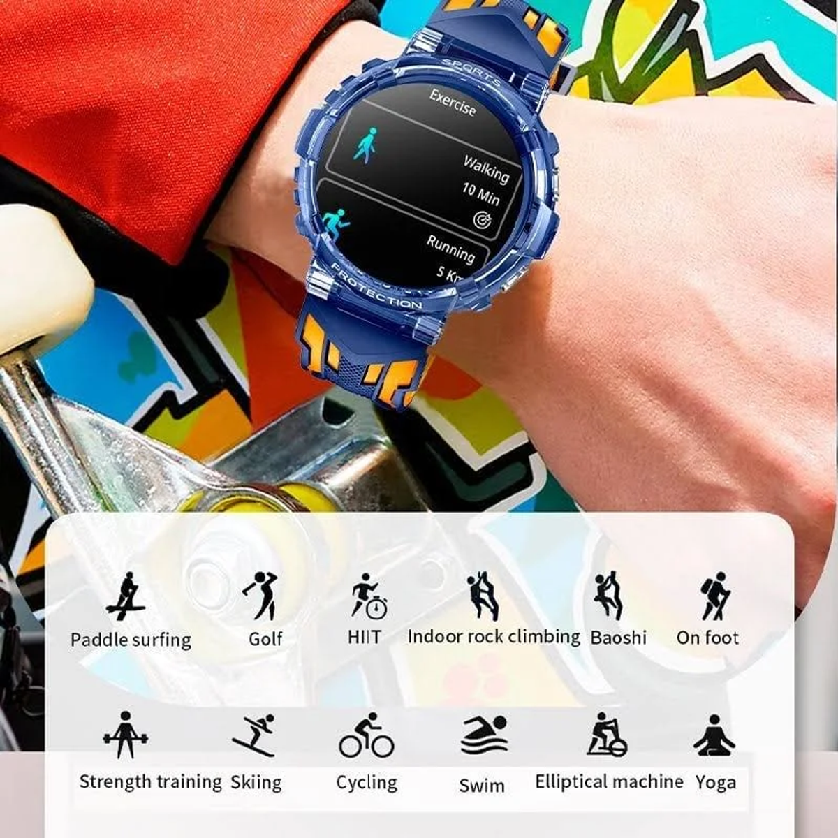 Un reloj inteligente azul muestra opciones de ejercicio: caminar y correr. Debajo, iconos representan deportes como surf de remo y yoga.