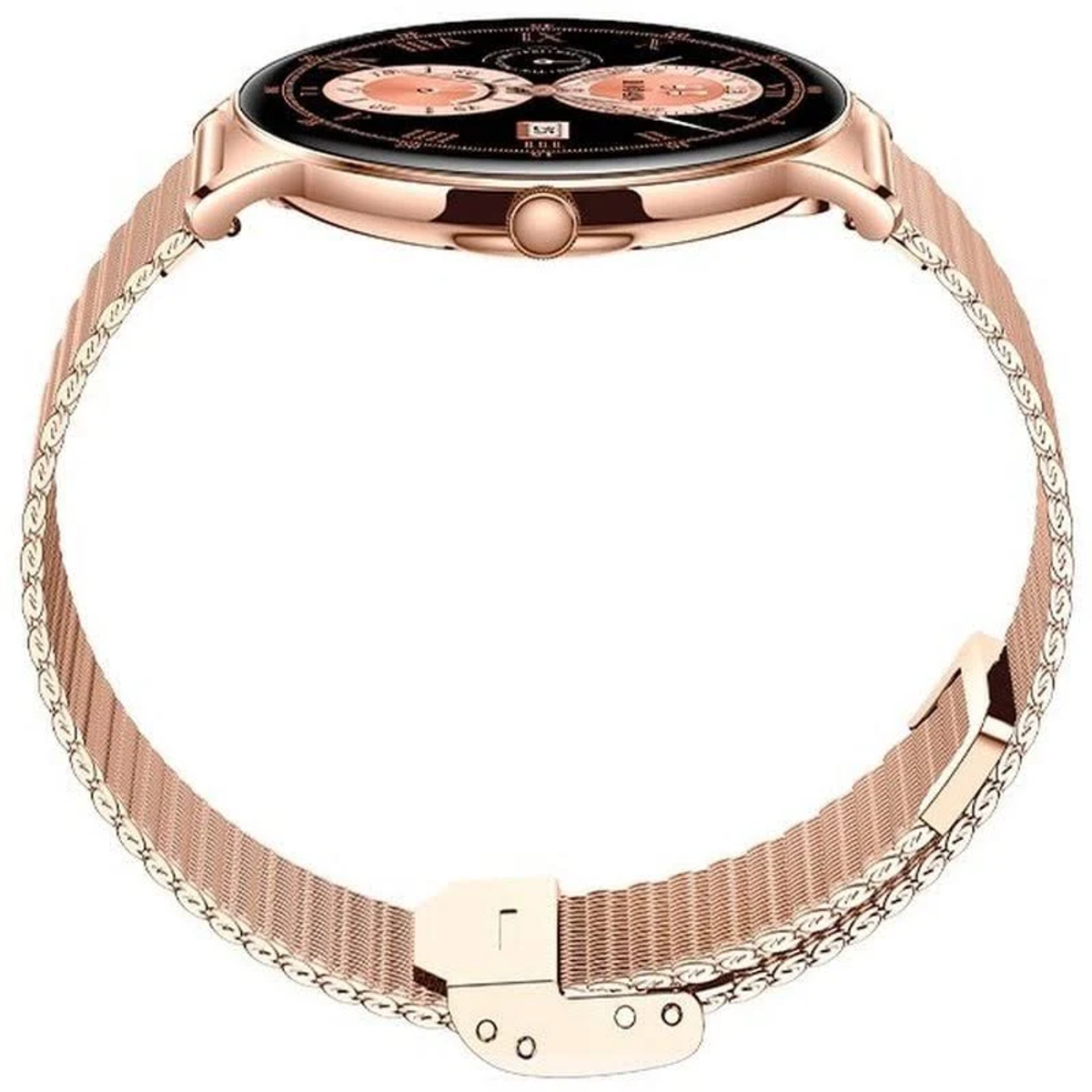 Smartwatch oro rosa con quadrante nero e cinturino a rete, un pulsante laterale e una chiusura a fibbia.