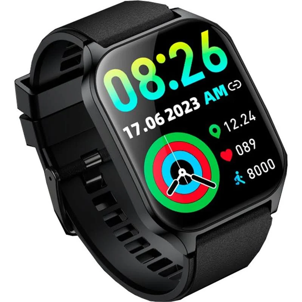 Reloj inteligente negro que muestra la hora, la fecha y las métricas de salud. La pantalla muestra 08:26, 17.06.2023 y datos de ejercicio.
