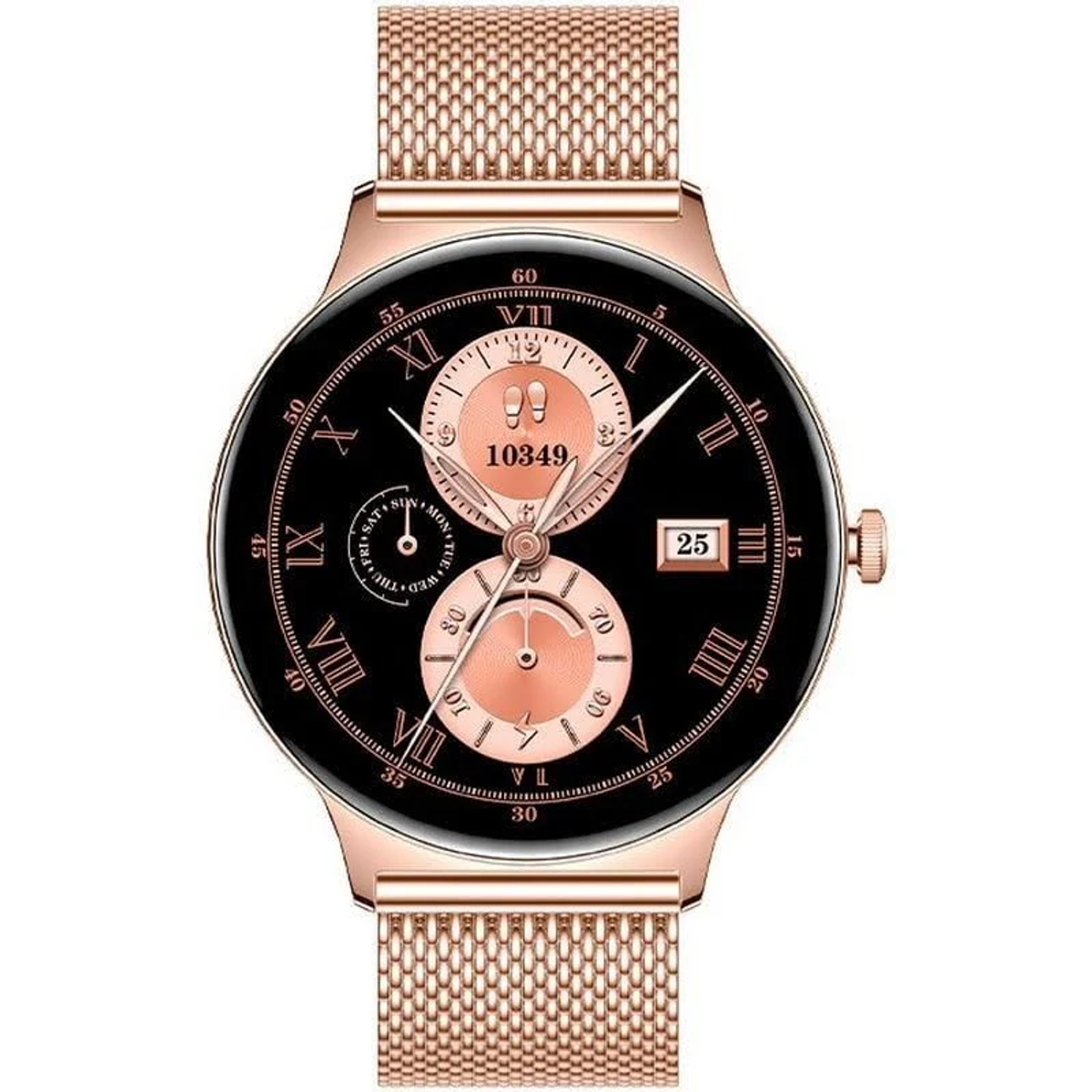 Smartwatch oro rosa con quadrante nero. Presenta numeri romani, quadranti multipli e un cinturino a maglie. La data è il 25.