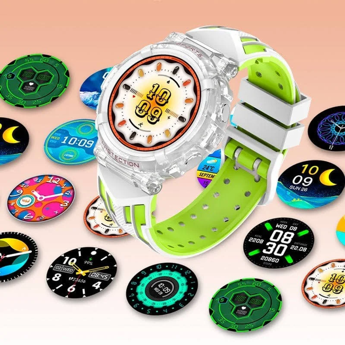 Un reloj inteligente con correa transparente y banda verde, rodeado de varios diseños de esfera.