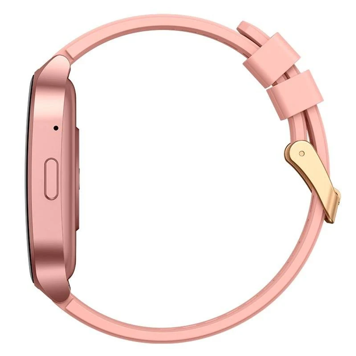 Vista laterale di uno smartwatch oro rosa con cinturino rosa chiaro e fibbia dorata. L'orologio è su sfondo bianco.