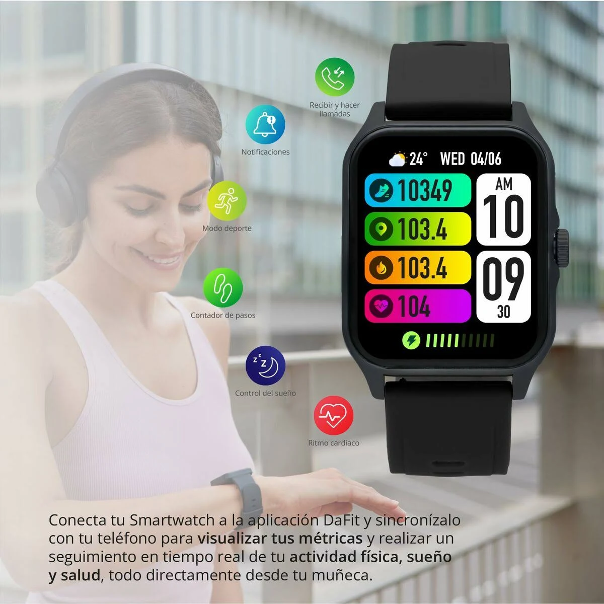 Una donna con cuffie e smartwatch. L'orologio mostra le metriche. Icone per notifiche, sport, passi, sonno e frequenza cardiaca.