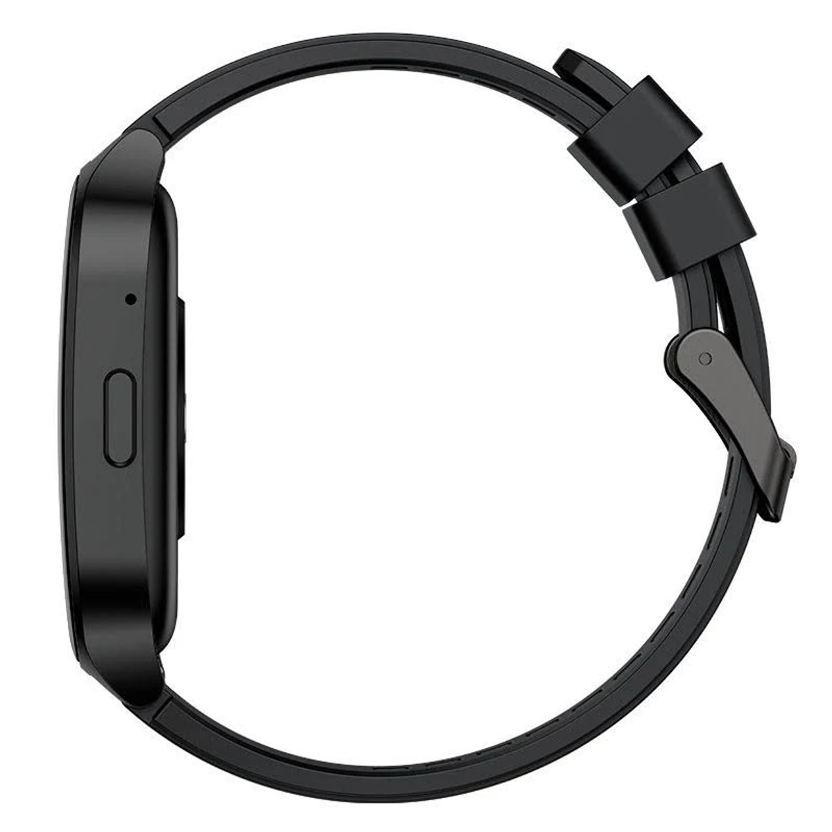 Vista lateral de un reloj inteligente negro. El reloj tiene una esfera cuadrada y una correa negra con hebilla.