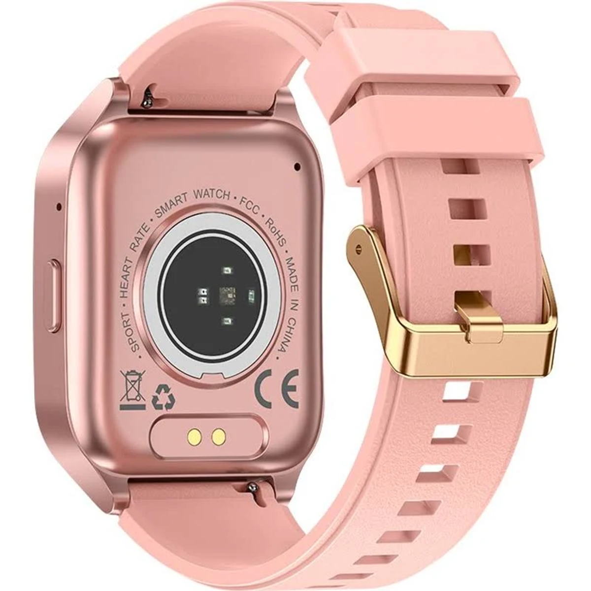 Uno smartwatch oro rosa con cinturino rosa. Il quadrante mostra sensori e testo. Il cinturino ha una fibbia dorata.