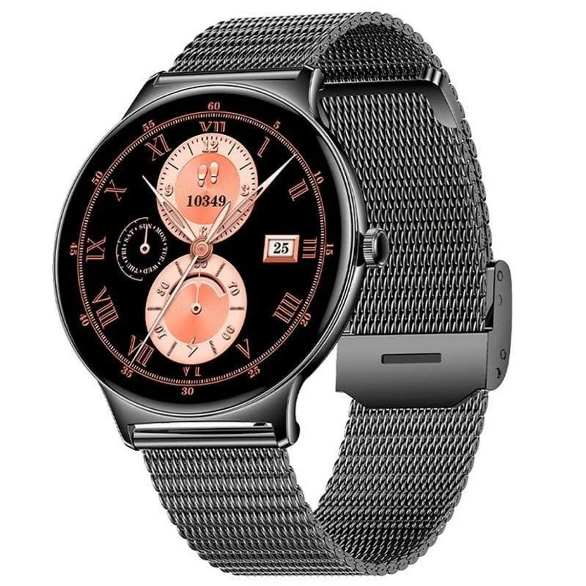 Uno smartwatch moderno con quadrante nero e cinturino a rete. Le caratteristiche includono numeri romani, visualizzazione della data e vari elementi del quadrante.