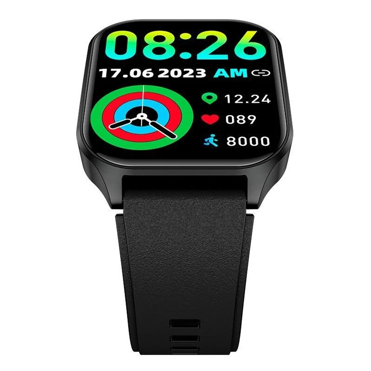 Reloj inteligente negro mostrando hora, fecha, ritmo cardíaco y pasos. Tiene una correa negra y un rastreador de actividad circular colorido.
