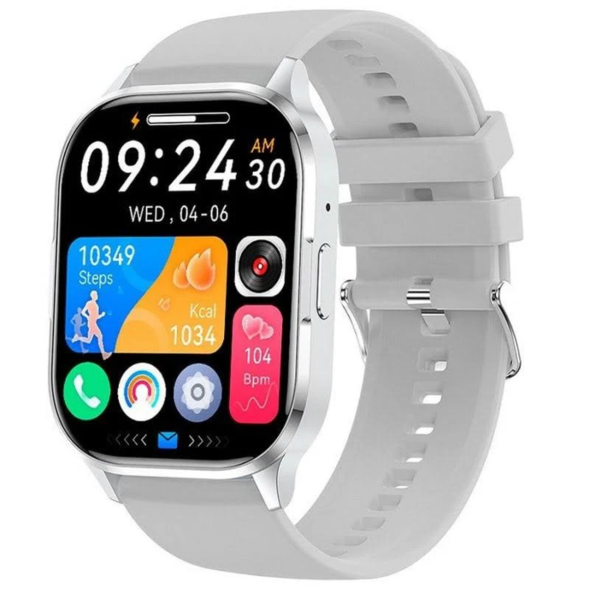 Uno smartwatch grigio mostra l'ora, i passi e la frequenza cardiaca. Ha un cinturino in silicone e una cassa argentata.