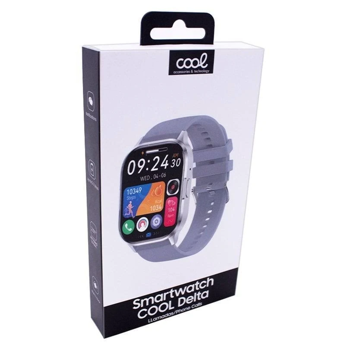Uno smartwatch dentro una scatola bianca. L'orologio mostra l'ora e altre statistiche sulla salute. La scatola ha il nome del marchio e le informazioni sul prodotto.
