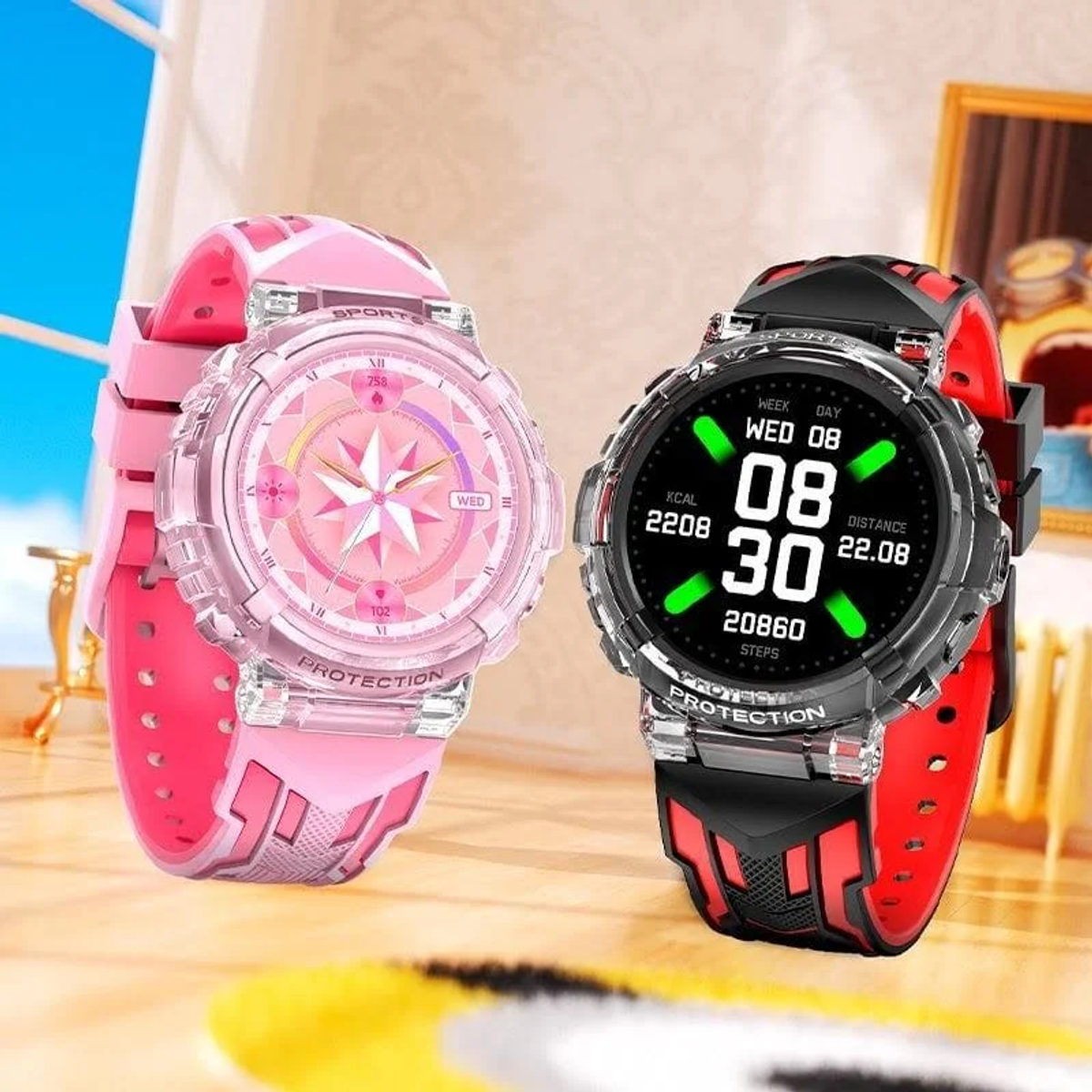 Dos smartwatches uno al lado del otro. Uno rosa, otro negro y rojo. Ambos muestran la hora y datos de actividad.