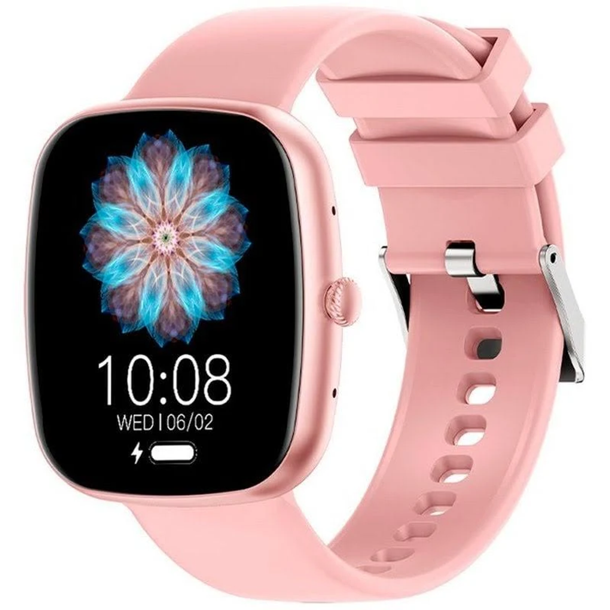 Uno smartwatch rosa con schermo nero che mostra ora, data e un design floreale. Il cinturino e il corpo sono anch'essi rosa.