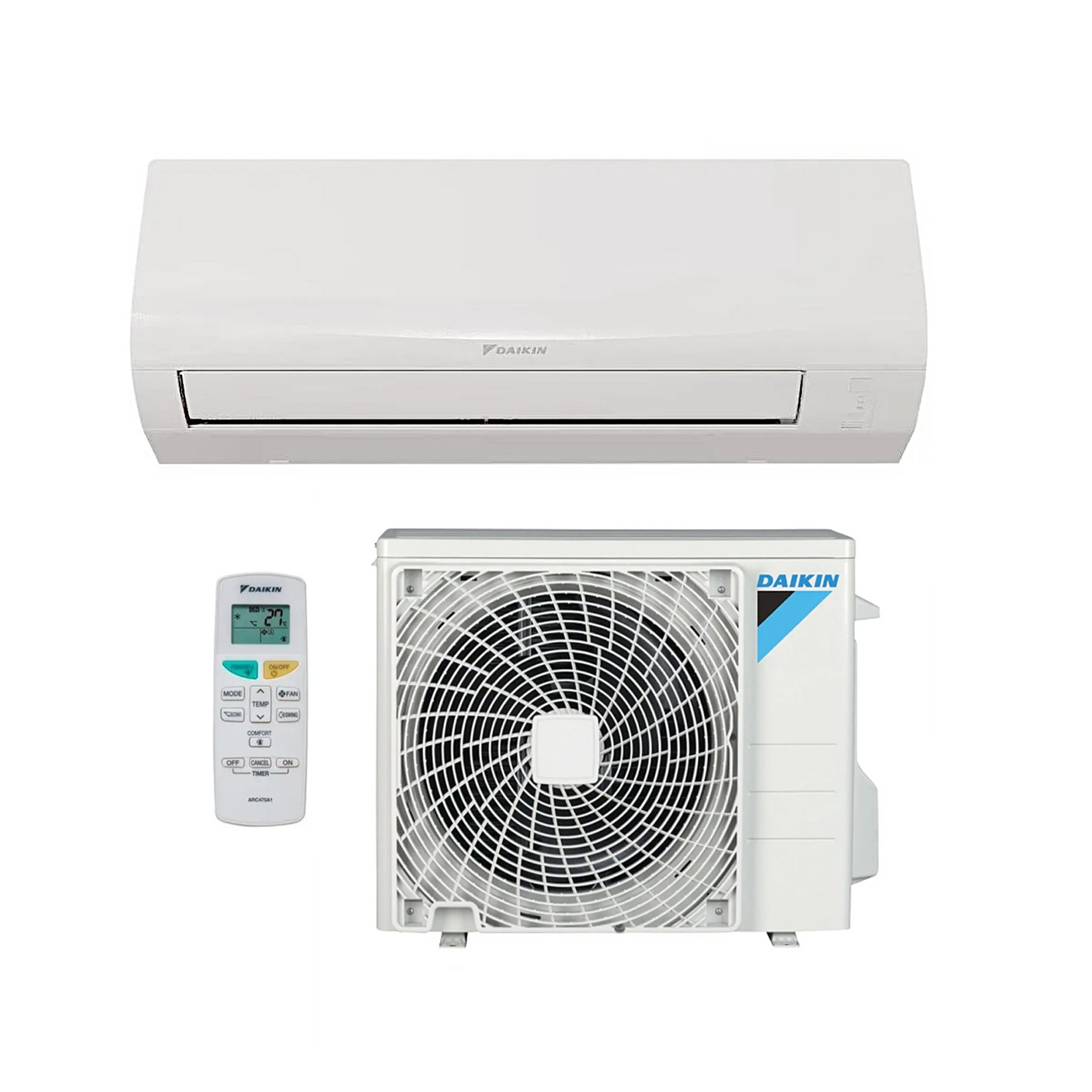 Beyaz bir Daikin klima sistemi. İç ünite, dış ünite ve uzaktan kumanda içerir. Üniteler beyazdır.