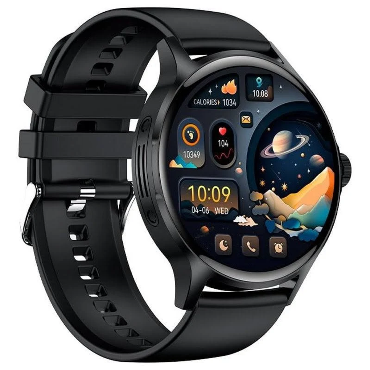 Smartwatch nera con display digitale che mostra l'ora, le calorie e uno sfondo a tema spaziale. Anche il cinturino è nero.
