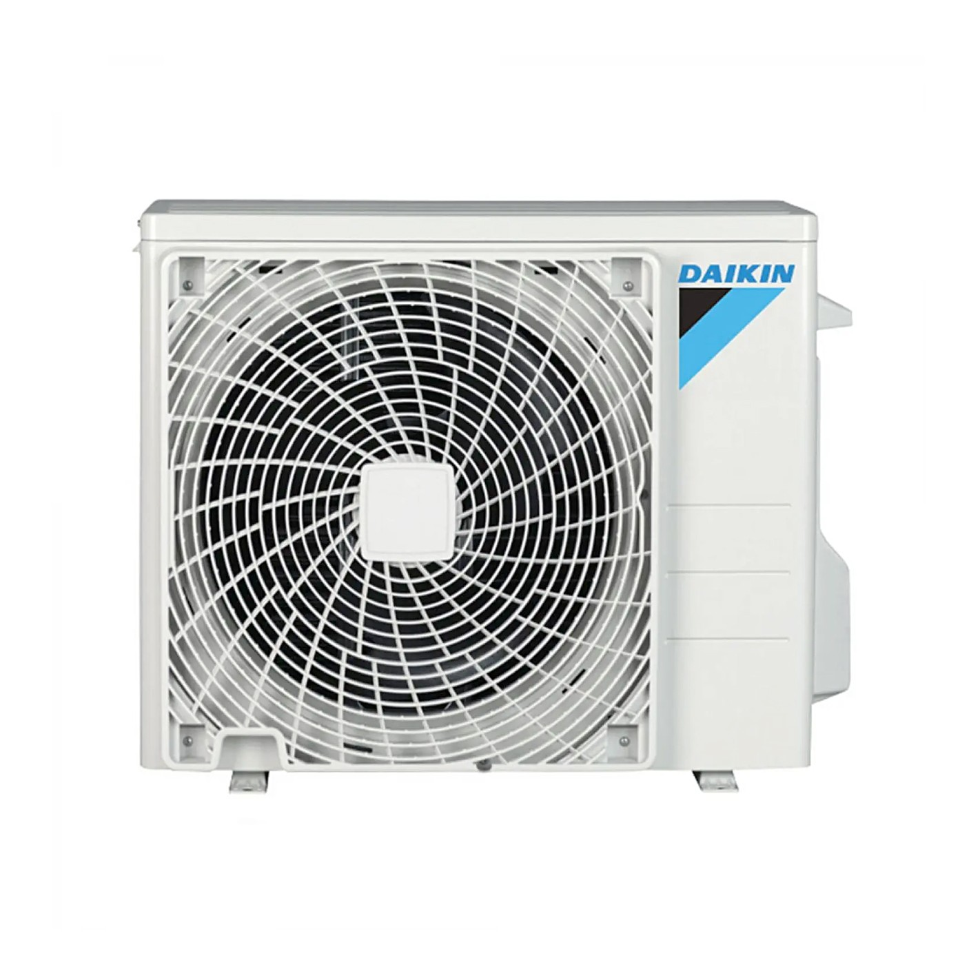 Beyaz bir Daikin klima ünitesi. Koruyucu ızgarayla kaplı bir fanı var. Daikin logosu görülebilir.