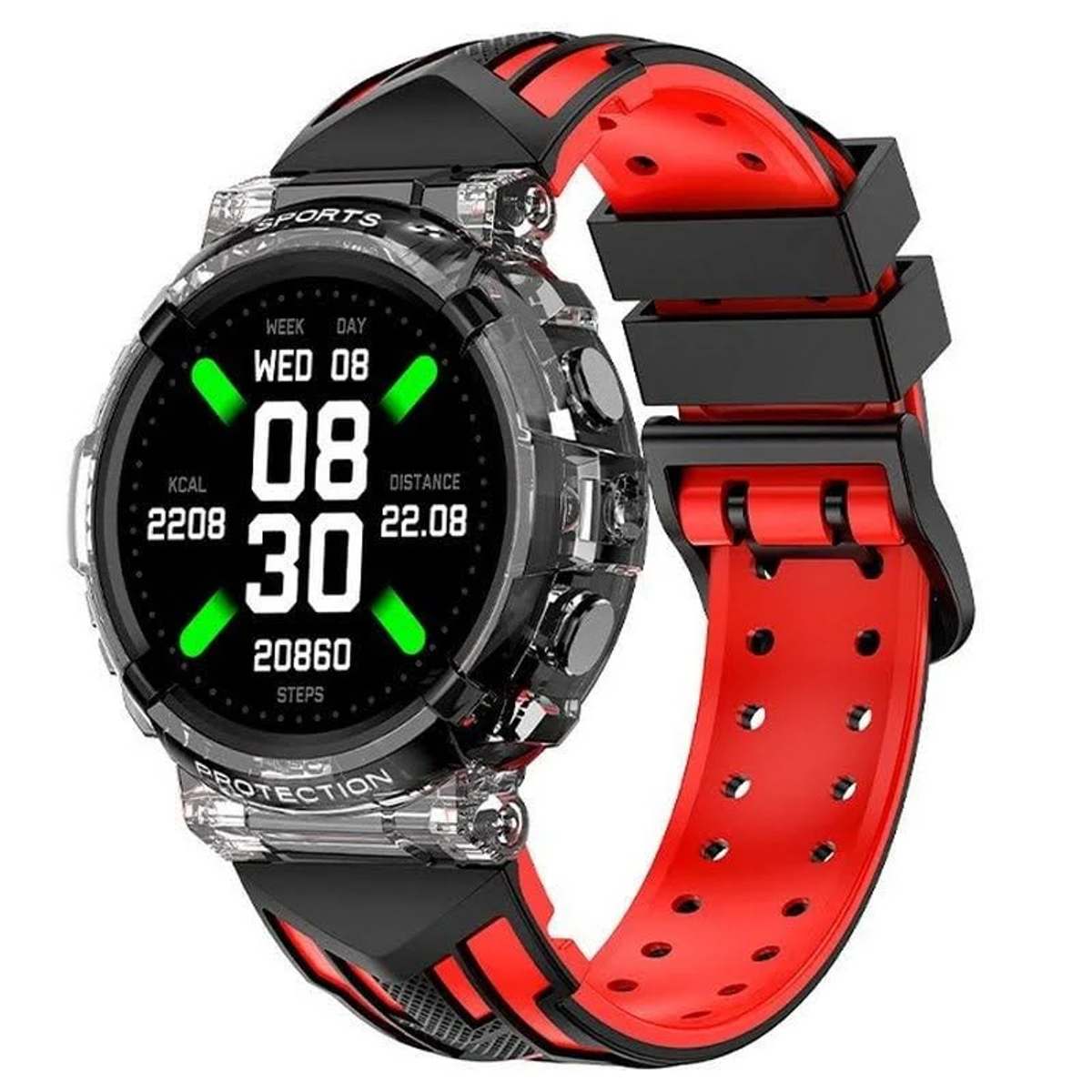 Uno smartwatch con cinturino nero e rosso mostra ora, data e metriche di attività su uno schermo nero.