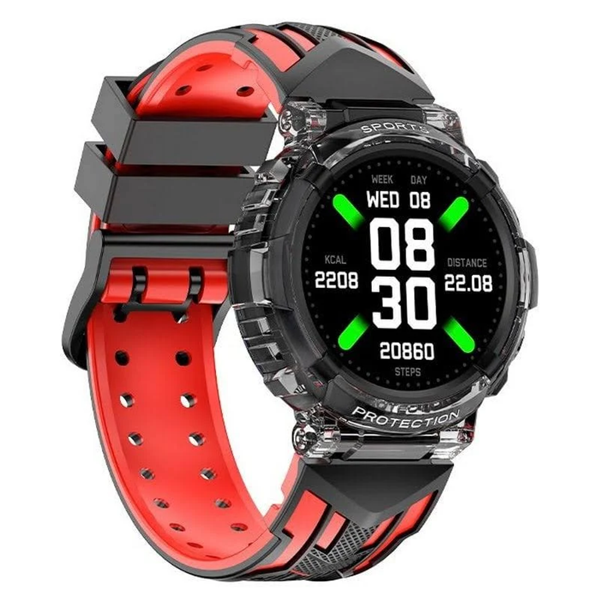 Uno smartwatch con cinturino nero e rosso. Il quadrante mostra data e ora, insieme a metriche di fitness come passi e distanza.
