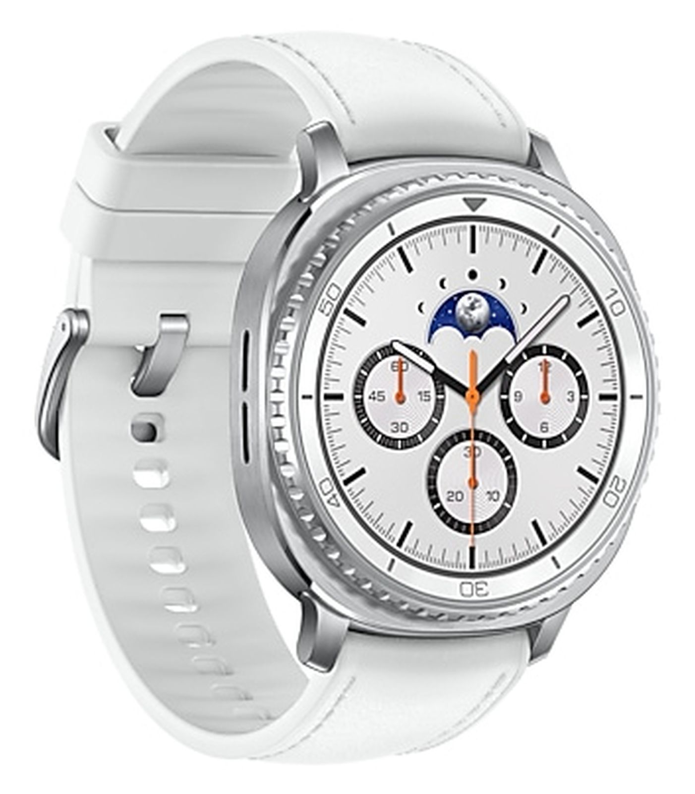 Uno smartwatch bianco con cinturino bianco, lunetta argentata e quadrante bianco con tre sotto-quadranti e lancette arancioni.