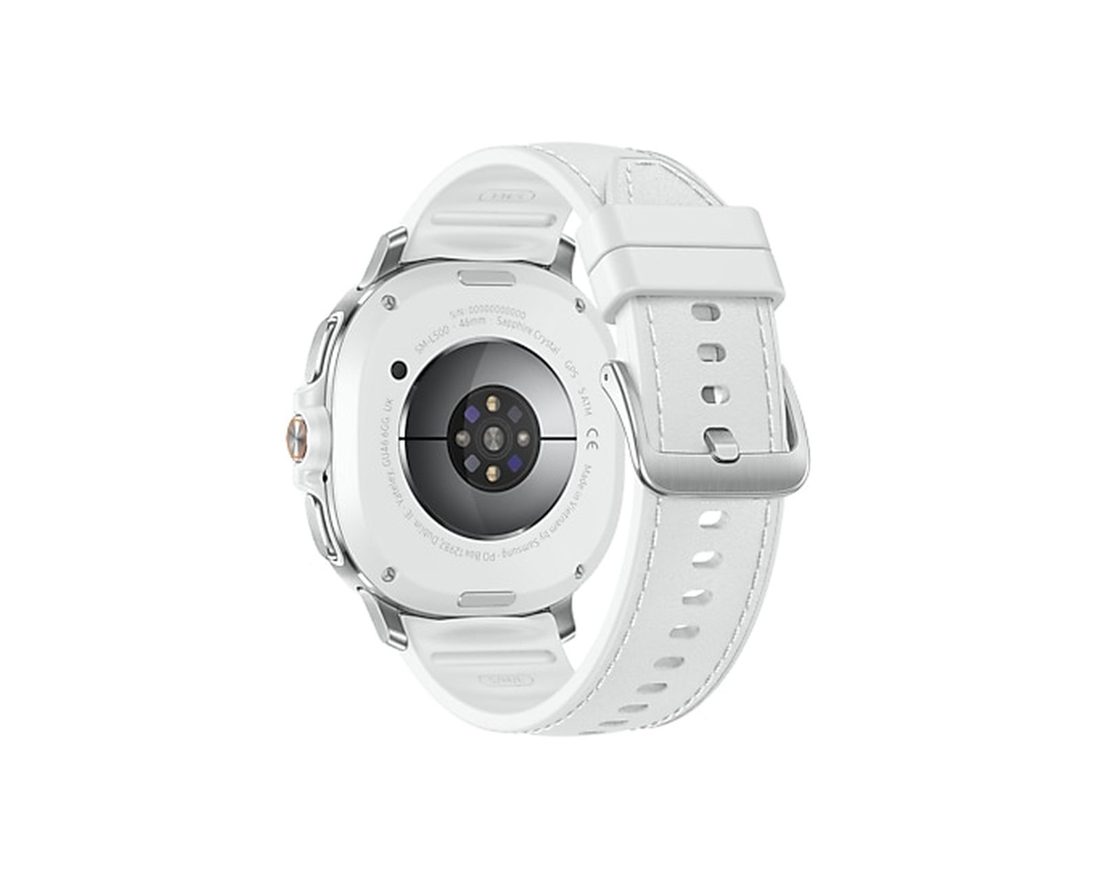 Uno smartwatch bianco con cinturino bianco, il retro mostra sensori e testo, tra cui 'Made in Vietnam'. Il cinturino è fissato.