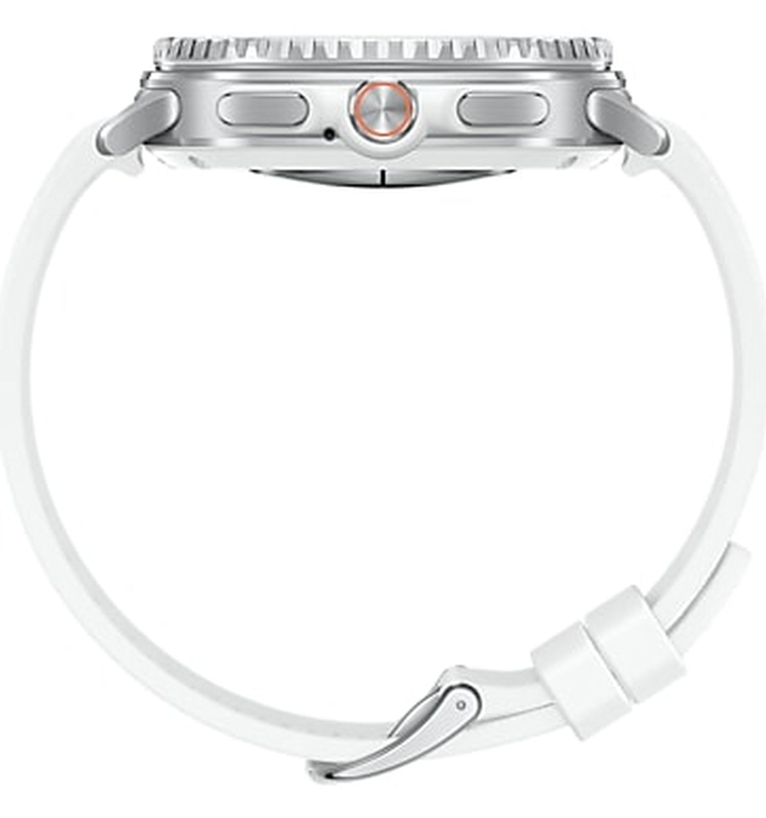 Uno smartwatch argentato con cinturino bianco, visto di lato. L'orologio ha un quadrante rotondo e il cinturino è allacciato.