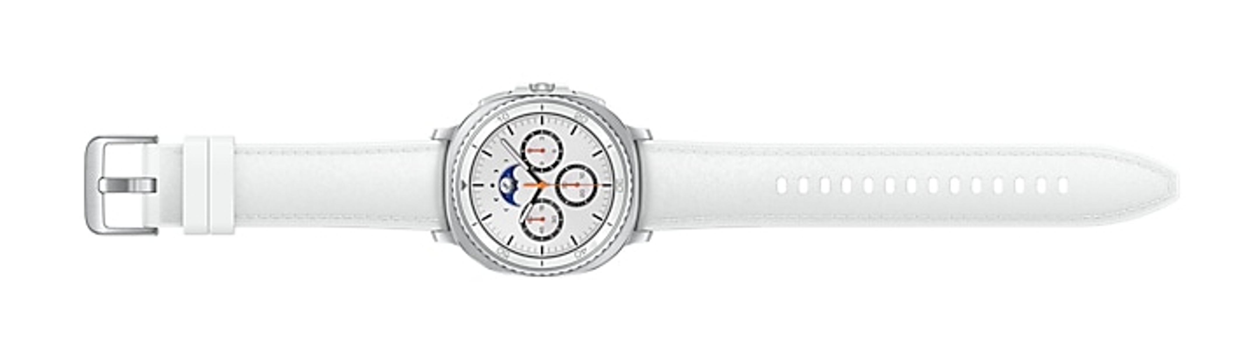 Uno smartwatch bianco con cinturino in pelle bianca. Il quadrante mostra l'ora e altre funzioni.