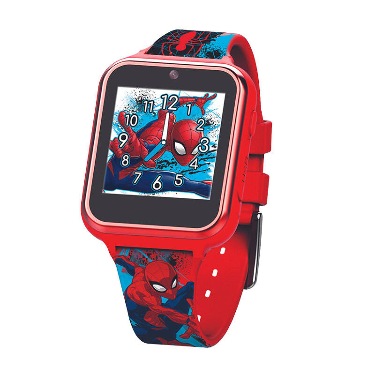 Un reloj inteligente rojo de Spiderman. La pantalla muestra a Spiderman y la hora. La correa tiene imágenes de Spiderman. El reloj está sobre un fondo blanco.