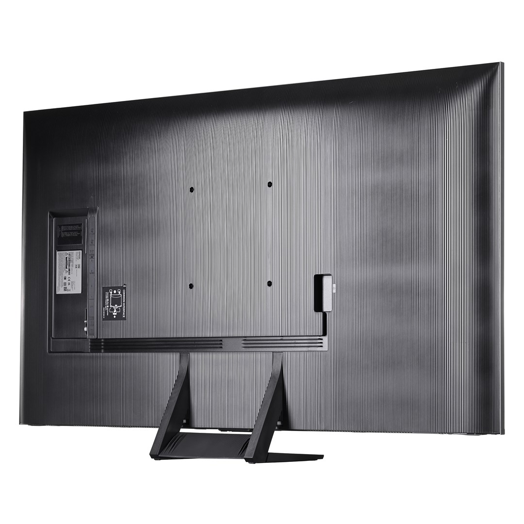 Back of a black Samsung TV. It shows the textured back panel, stand, and ports.