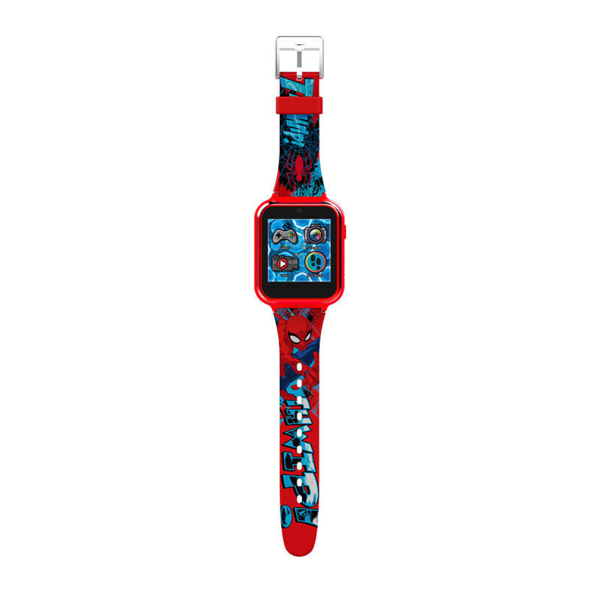 Un reloj inteligente rojo de Spiderman con correa colorida. La esfera muestra iconos de aplicaciones. La correa tiene gráficos de Spiderman.